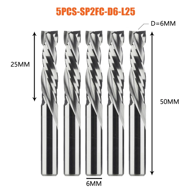 5 STKS/PARTIJ Compressie Frees Houtbewerking DOWN Cut Twee Fluit Spiraal Carbide Frees Router Bits Hout End Mill Cutter