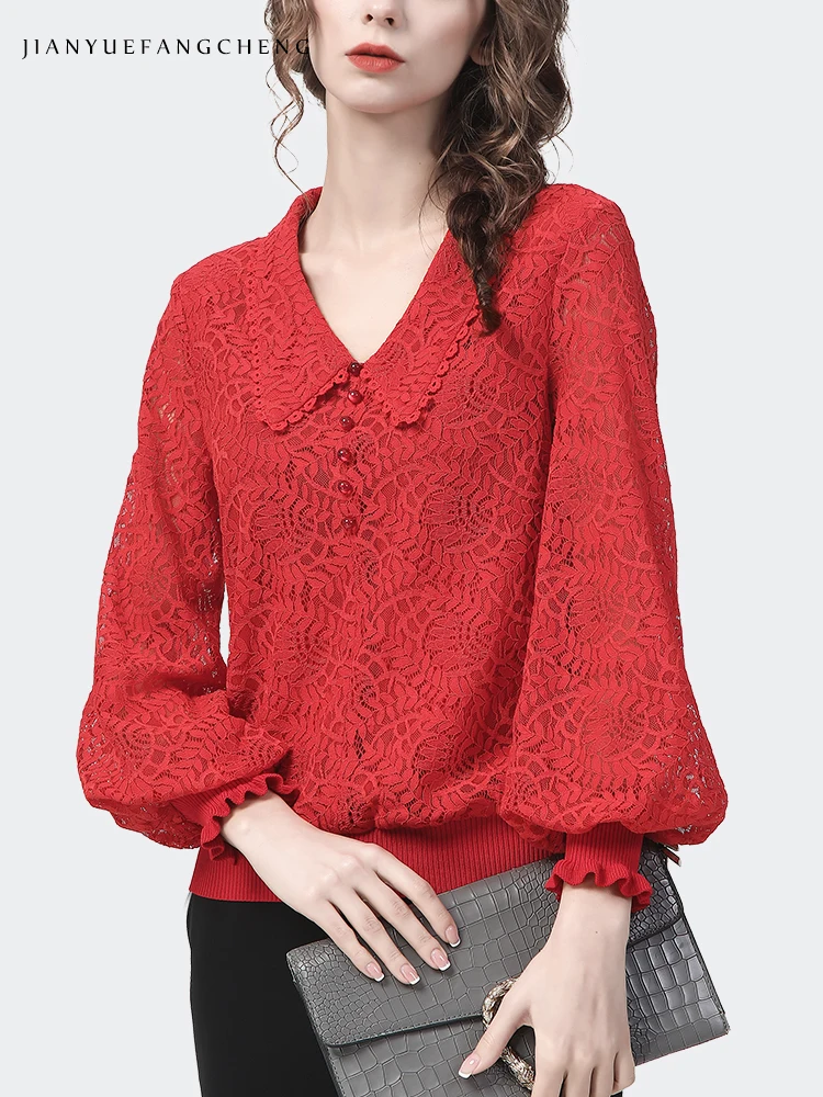 Cute Peter pan Collar Womens Red Lace Top 2022 Spring New Lantern Sleeve V-Neck Casual Hollow Out Female Blouses Plus Size