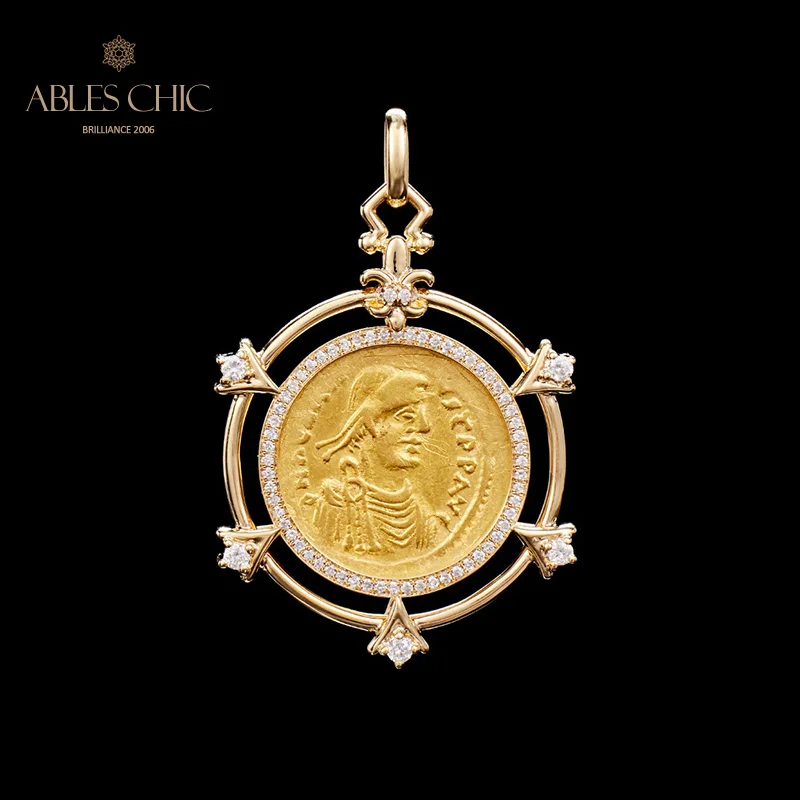 Byzantine Solid 18K Yellow Gold Roman Coin Flipping Charm Natural Diamond 0.66ct.tw Accent Double Side Pendant Only 9.01g