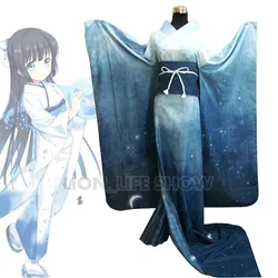 Women Japanese Traditional Blue Furisode Long Kimono Dress Cosplay Costume outfit