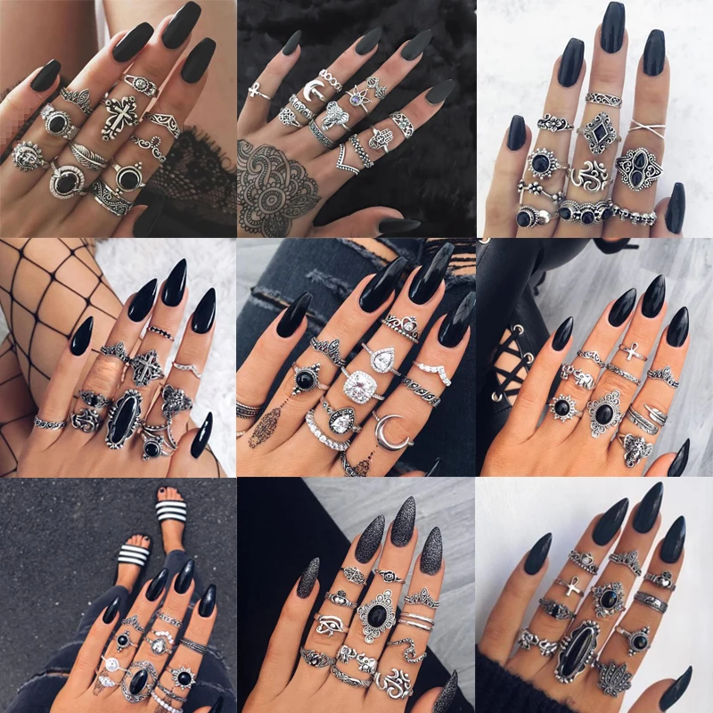 Tocona Vintage Silver Color Sun Moon Joint Ring Sets for Women Men Elephant Lotus Black Crystal Stone Alloy Party Jewelry кольцо