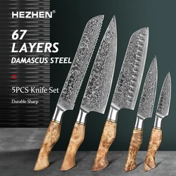 HEZHEN 1-5PC Knife Set Japanese Damascus Steel Chef Santoku Bread Paring Utility Professional Slicing knife Cook Kitchen Knife