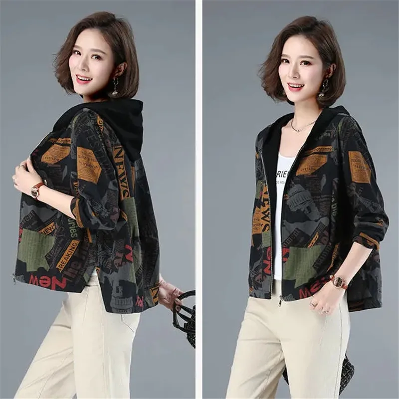 Women Pring grace Print Short Hooded Looes Jacket Female 2024 Autumn New Korean Splice Coat Women Casual Zipper Jacket A102