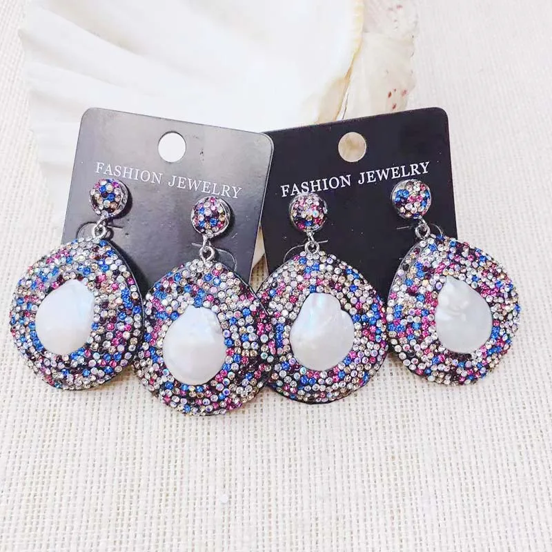 

Colorful Crystal Freshwater Pearl Round Dangle Earring Bohemia Style 3pairs For Holiday