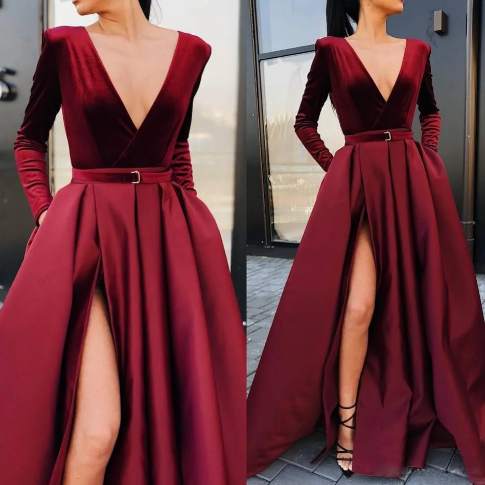 Sexy Satin Long Prom Dresses 2022 New Arrival Long Sleeve Split A-Line V-Neck Special Occasion Evening Party Gown Burgundy