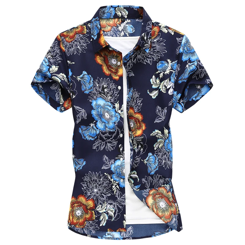 Summer New White Short Sleeve Printed Shirt Men Single Breasted Lapel Hawaiian Beach Shirts Large Size S-4XL 5XL Men Camisa