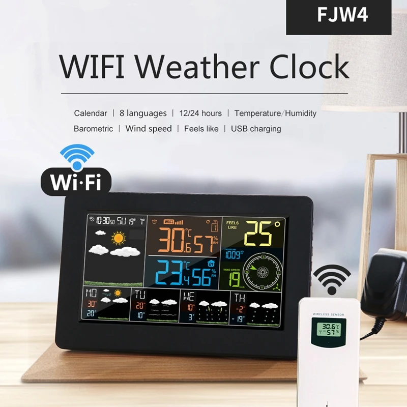 Digital Alarm Wall Clock WiFi Weather Station Indoor Outdoor LCD Temperature Humidity Meter Barometer Wind Weather APP Forecast