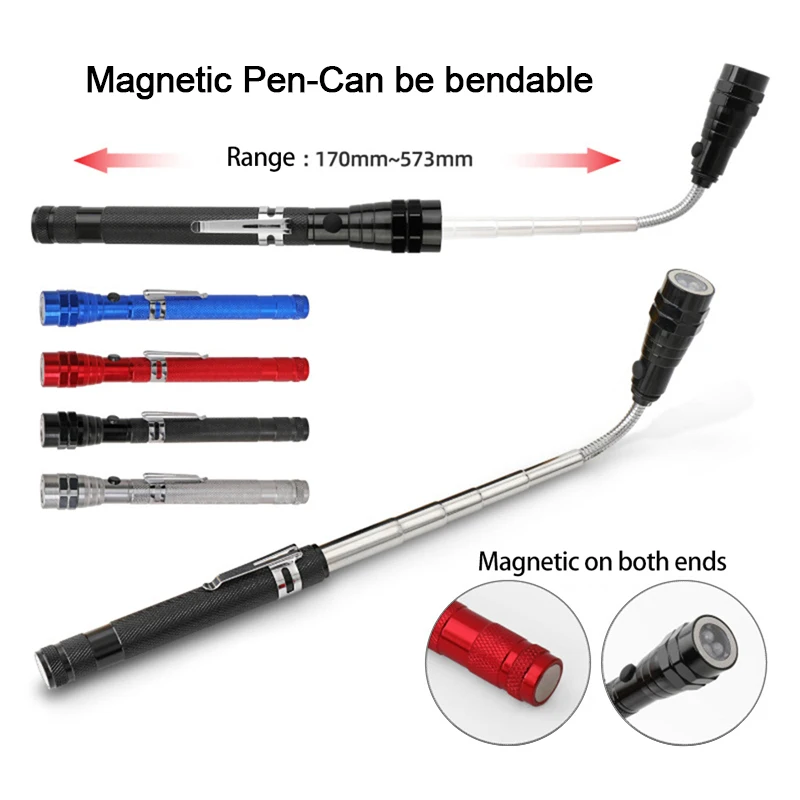 

Mini Portable Magnetic Picker with Lamps Retractable Long Distance Pick Up Nuts Bolts Magnetic Rod Picking Up Tool Suction Stick