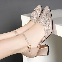 Sandals Female 2024 Spring Summer New Women's Pumps One Work Buckle Strap Thick Heel Shoes Diamond Hollow Single Shoes Eu 35-40