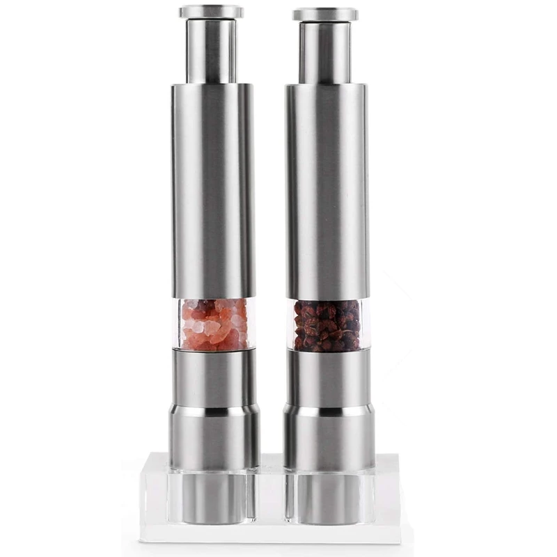 Salt And Pepper Grinder Set Of 2, Pepper Mill Stainless Steel Salt Shaker Push-Button Manual Glass Salt And Pepper Set