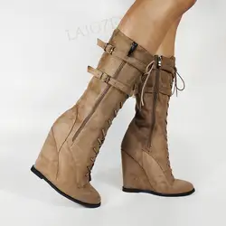 DOBANER Dell'annata Delle Donne di Vitello Stivali Side Zip Punta Rotonda Zeppe Tacchi Stivali Botas Pelle Scamosciata Del Faux Scarpe Da Donna Più Il Formato 43 44 47 50 52