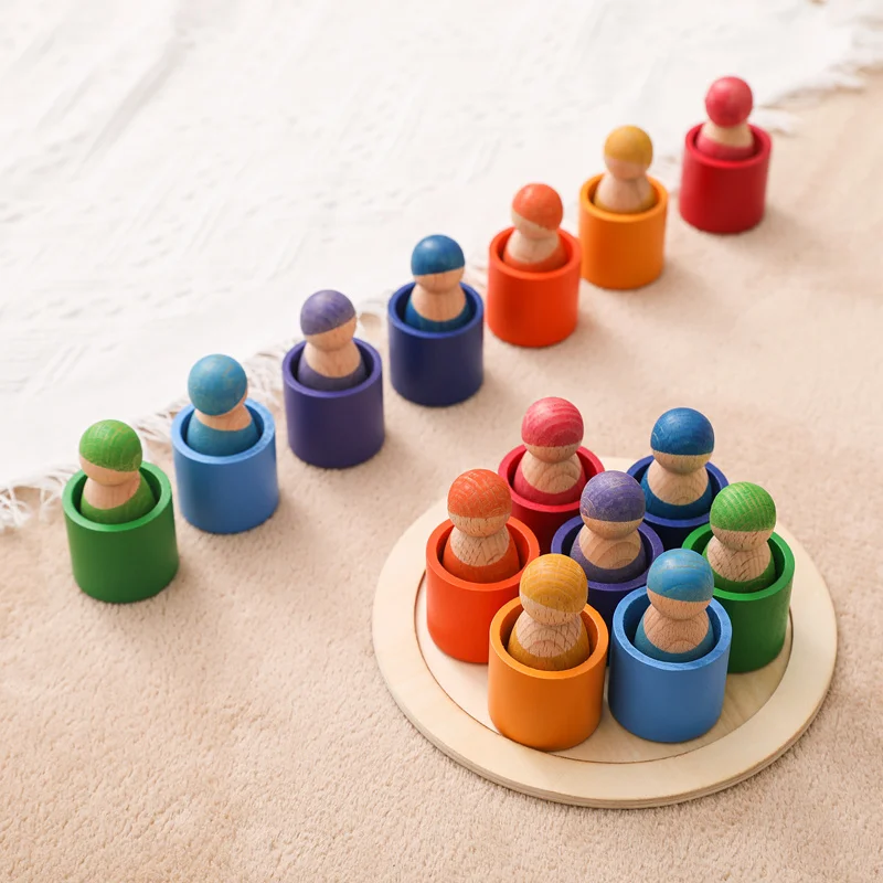 Montessori Toys 12 Colors/Set Wooden Rainbow Building Block Villain Doll DIY Creative Stacking Balance Game Toy For Kids Gift