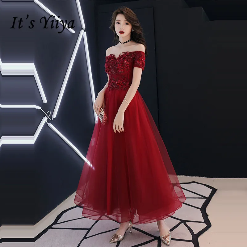 Long Evening Dresses It\'s Yiiya BR254 Elegant Appliques Women Party Gowns Ankle Length Formal Dress Boat Neck Evening Vestido