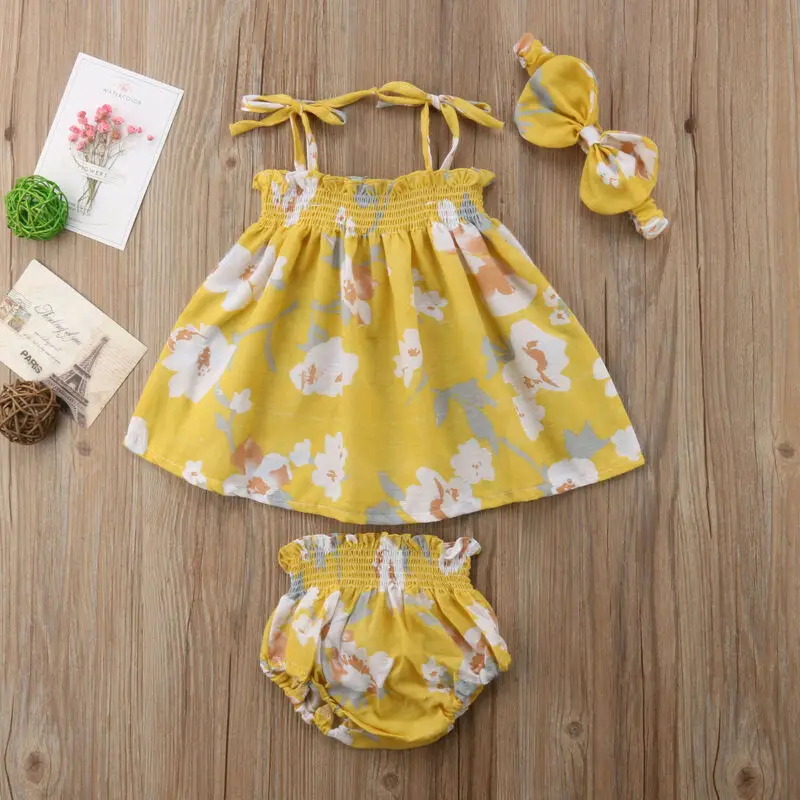 0-2T Baby Girl Floral Tops Newborn Yellow Floral Dress+Shorts Pants Girls Sleeveless Clothes 3PCS Set  Summer Outfits