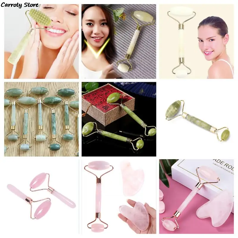 Green Pink Jade Roller Massager For Face Natural Stone Slimming Lift Massage Facial Tools For Chin Neck Beauty Skin Care Tools