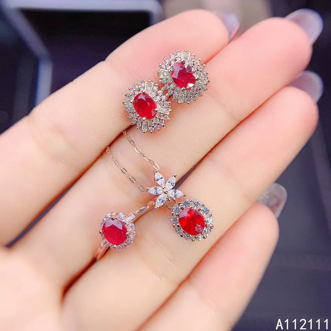 

Fine Jewelry 925 Pure Silver Inset With Natural Gemstone Women's Luxury Elegant Plant Ruby Pendant Ring Earring Set Support Dete