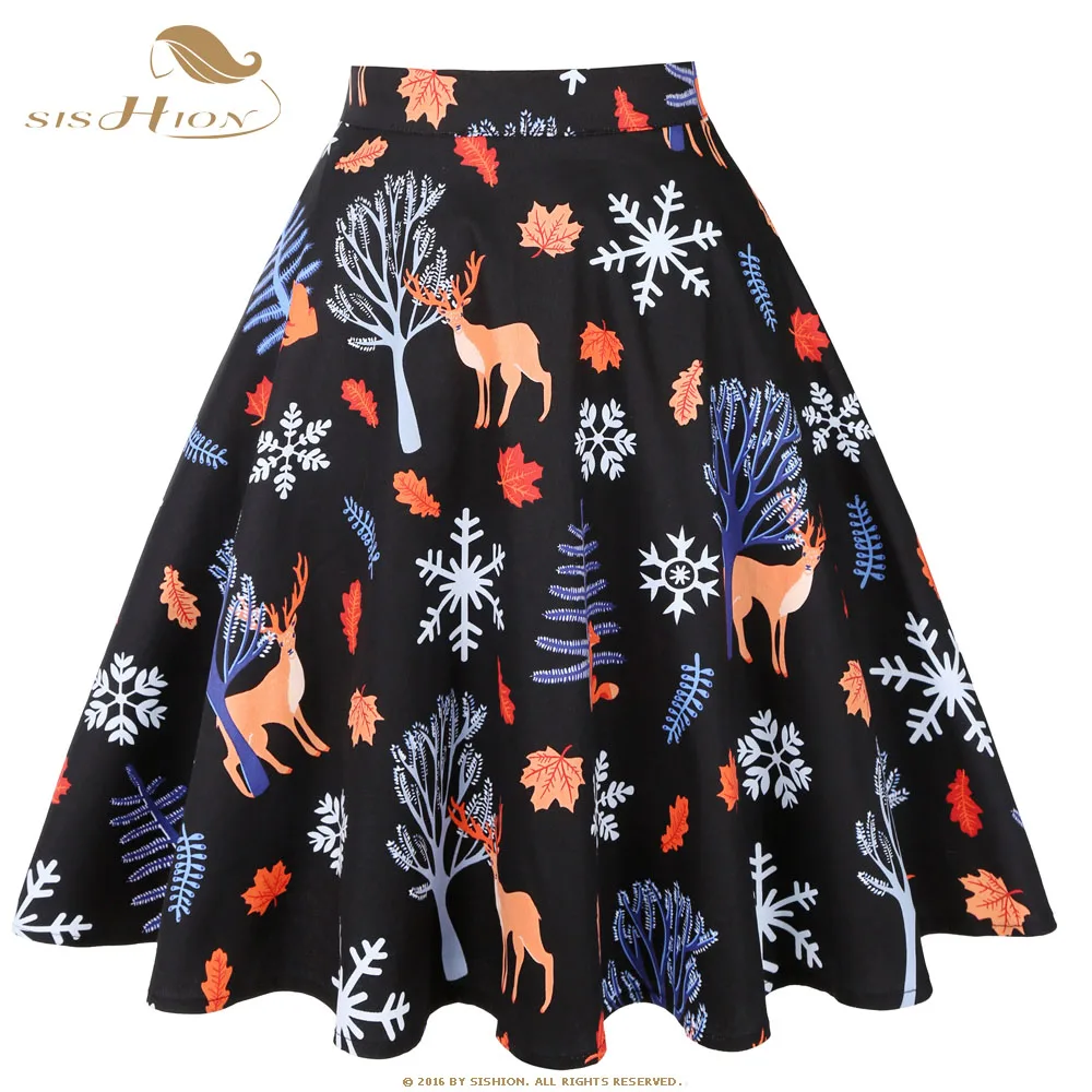 

SISHION Christmas Pattern Print Women Skirt VD0020 New Year Ladies a line Swing Rockabilly Vintage 50s Cotton Black Skirt