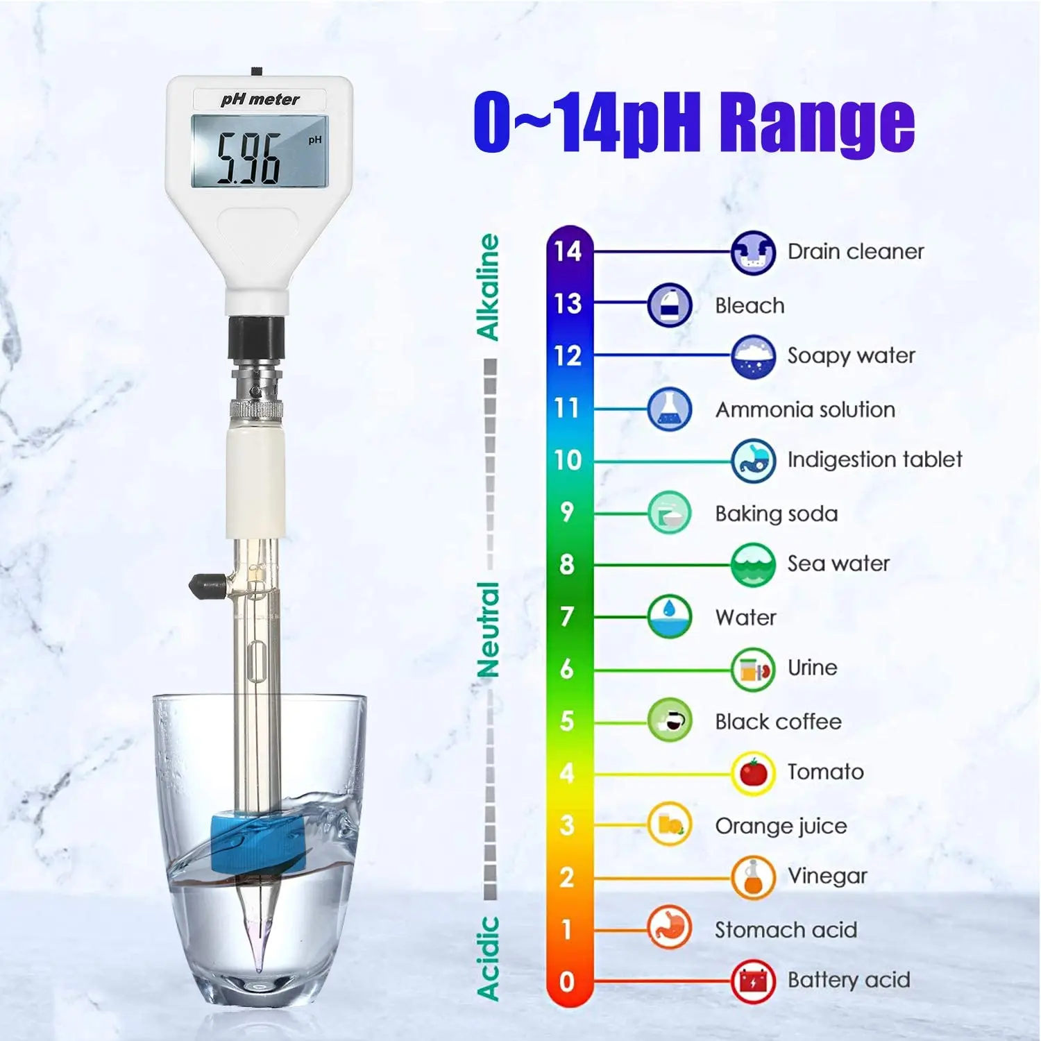 PH-98211 pH Meter Sharp Glass Electrode for Water Food Meat Cheese Milk Soil Bread Aquaculture Hydroponics pH Test 0.00~14.00pH