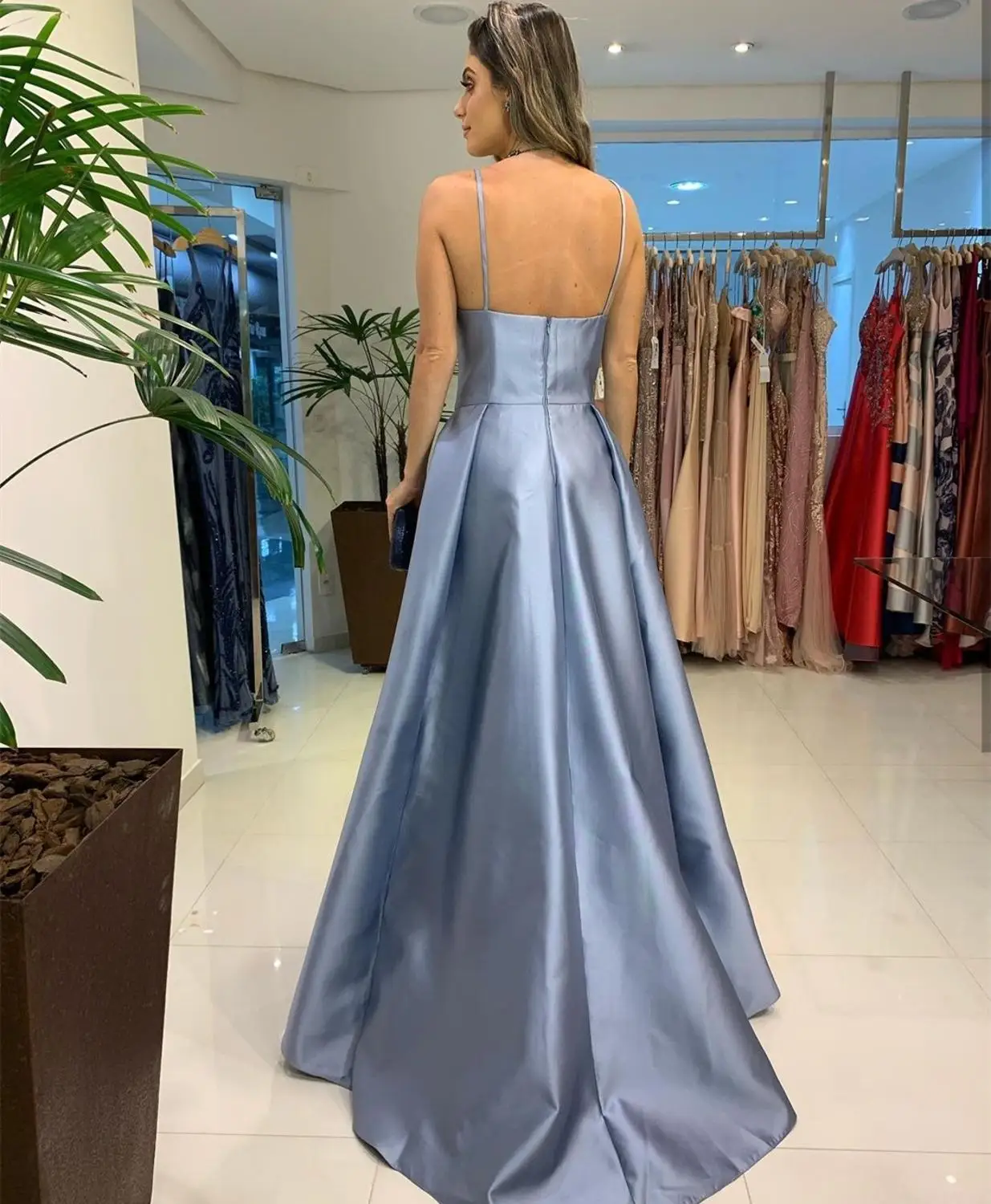 Vestido de cetim linha a azul, vestido de noite feminino elegante com alça espaguete, bolso formal, trem de quadra feito sob encomenda, 2021