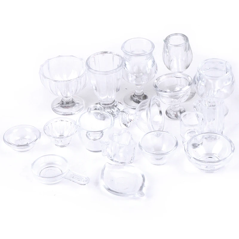 17Pcs/Set Mini Transparent Kitchenware Toy Drink Cups Dish Plate Tableware Miniatures DIY Pretend Play