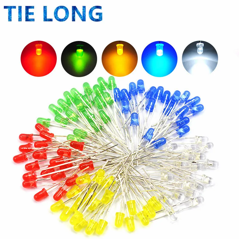 100 peças 3mm luz de led kit diy conjunto de leds diodo emissor de luz branco amarelo vermelho verde azul 5 tipos x 20 peças = 100 peças