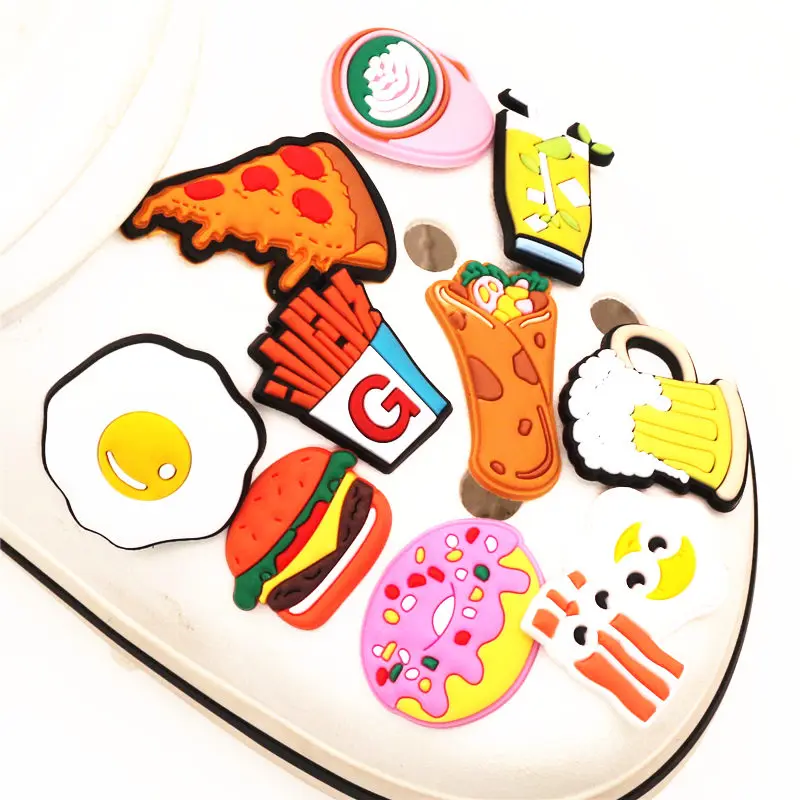 Novelty Food style Shoe Charms Accessories New Cute Beer/Pizza/Fries Shoe Buckle Decoration for Kids Party X-mas Gifts