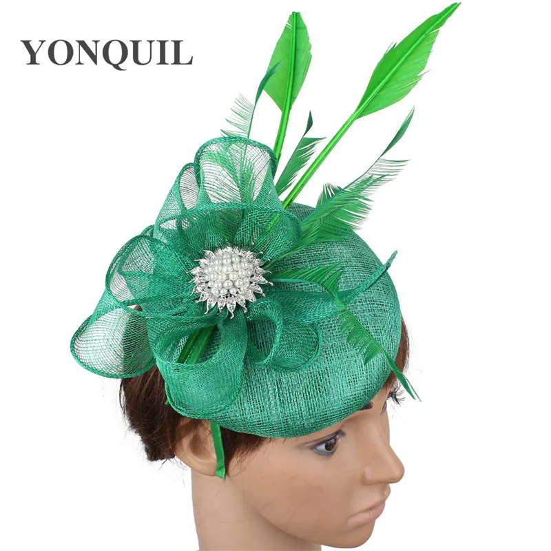 

Vintage Party Formal Fedora Hats High Quality 4-Layer Green Sinamay Fascinator Hat Headband Bridal Party Show Headpiece Clip