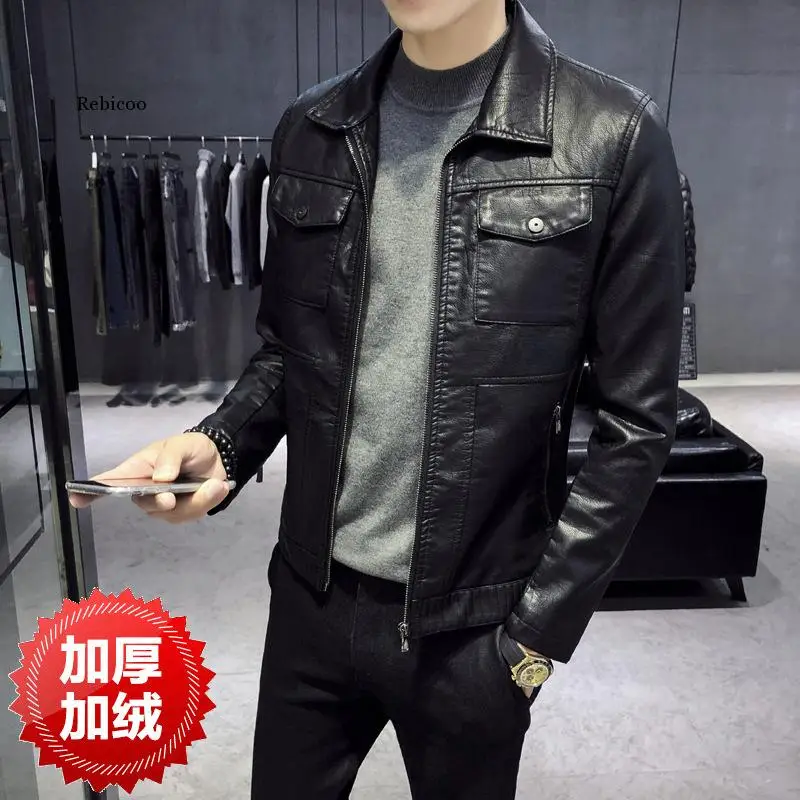 

Men's Leather Coat Men's Autumn Winter Korean Version Slim and Handsome New Multi Pocket Motorcycle Pu Leather Jacket