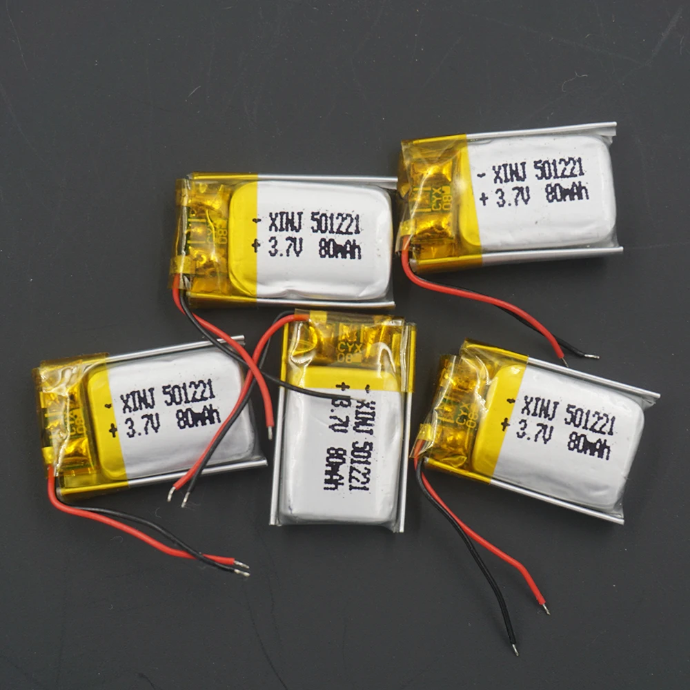 Großhandel 5 Stück 3,7 V 80 mAh 0,296 Wh Polymer Li Lithium-Batterie 501221   Li-Ion für Bluetooth Lautsprecher Headset Brille Smart Watch DIY