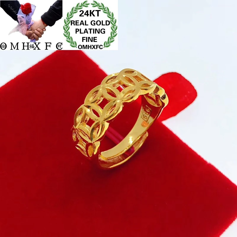 OMHXFC Wholesale YM271 European Fashion Hot Fine Woman Man Party Birthday Wedding Gift Coin Hollow Out 24KT Gold Resizable Ring