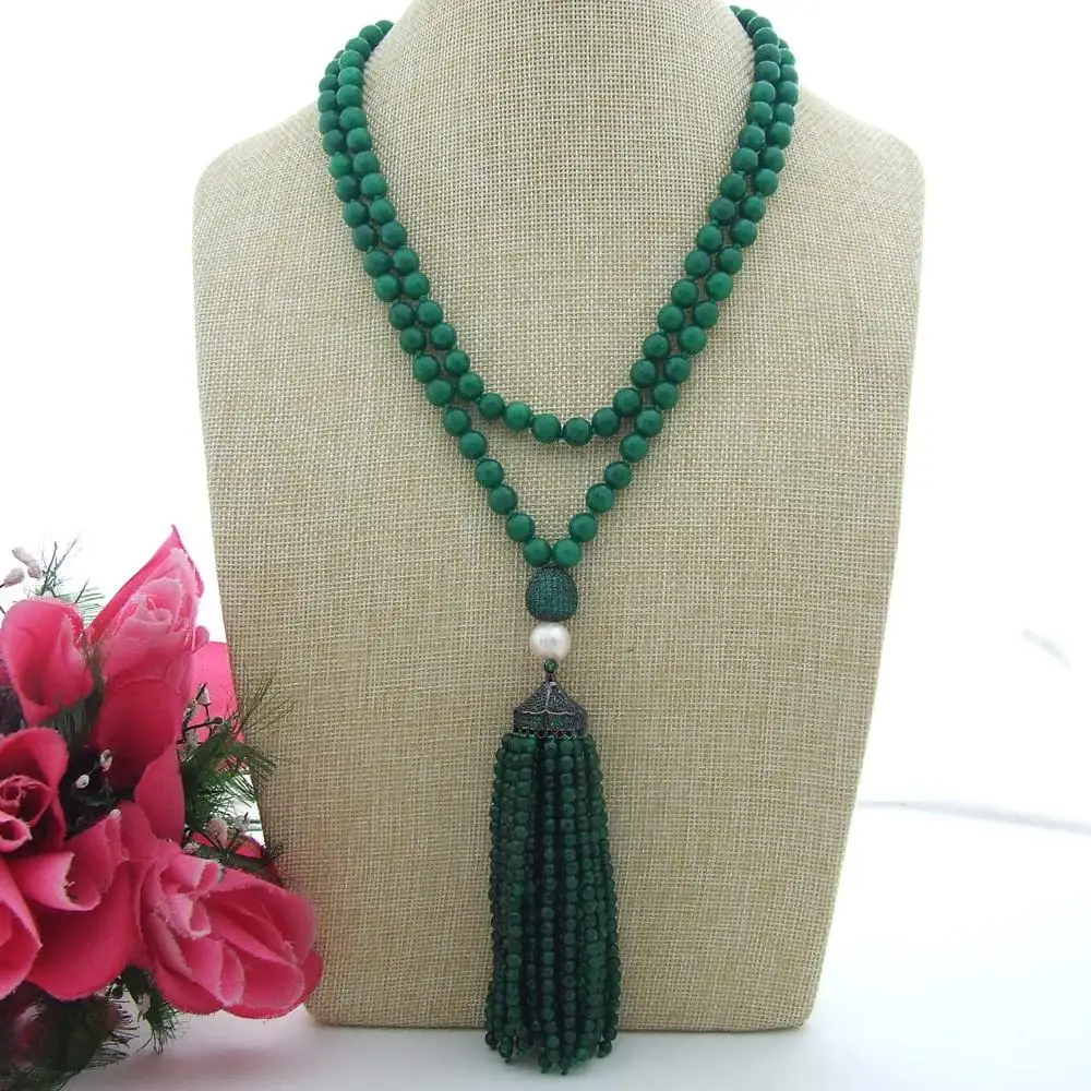 

Y·YING 41'' Faceted round Green Jades White Pearl Fringle sweater chain Necklace CZ Pave Pendant necklace vintage for women