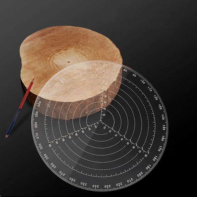 Regla de centrado de carpintería transparente, ángulo de 360 grados, línea central redonda, trazado, calibre de diseño, herramienta de bricolaje para carpintería