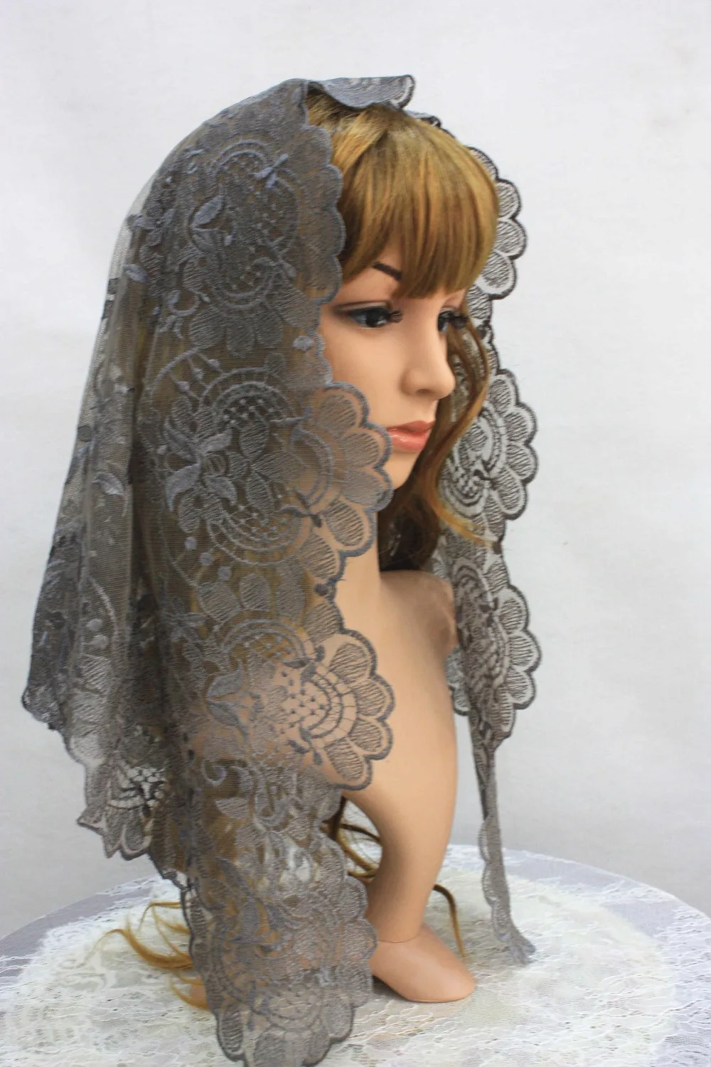 Dark Grey Church Veil Traditional Catholic Veils Religious Head Coverings Mantilla Lace Latin Mass Scarf