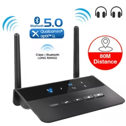80M Bluetooth 5.0 RCA Receiver Transmitter aptX LL AAC SBC 3.5mm Aux Wireless Audio Adapter Music for TV Car PC Headphone