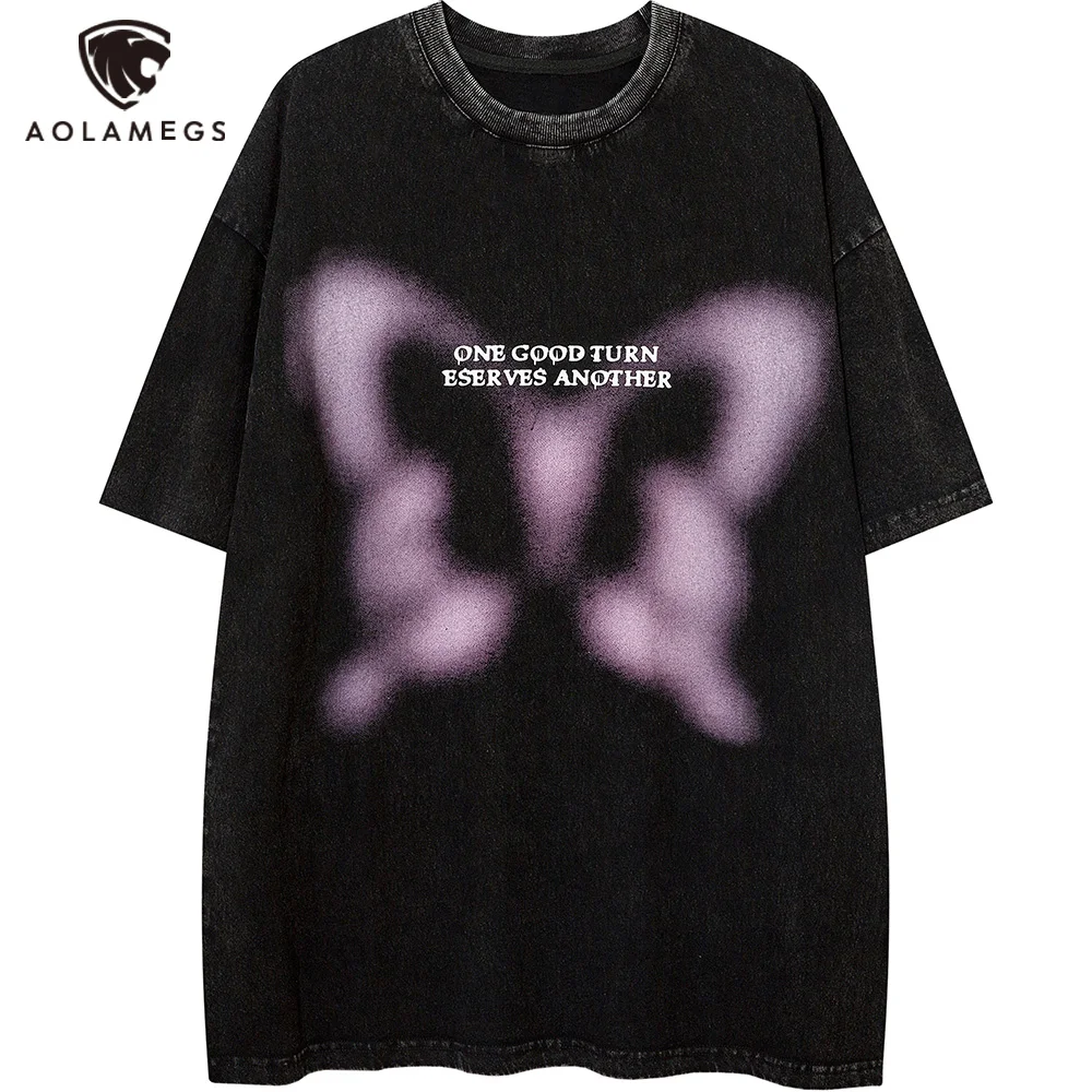 Aolamegs Butterfly Inkjet Letter Print Washed T-shirt Men Short Sleeve Tops Retro High Street Baggy Oversized Tees Shirts Couple