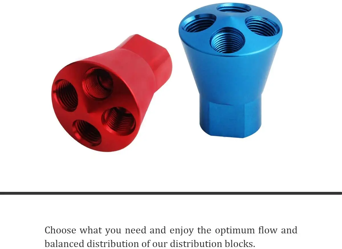 Nitrous 샤워 헤드 분배 블록, 4 포트 1/8 NPT 콘센트, 커플 세트 판매 (연료용 빨간색, NO2 용 파란색)