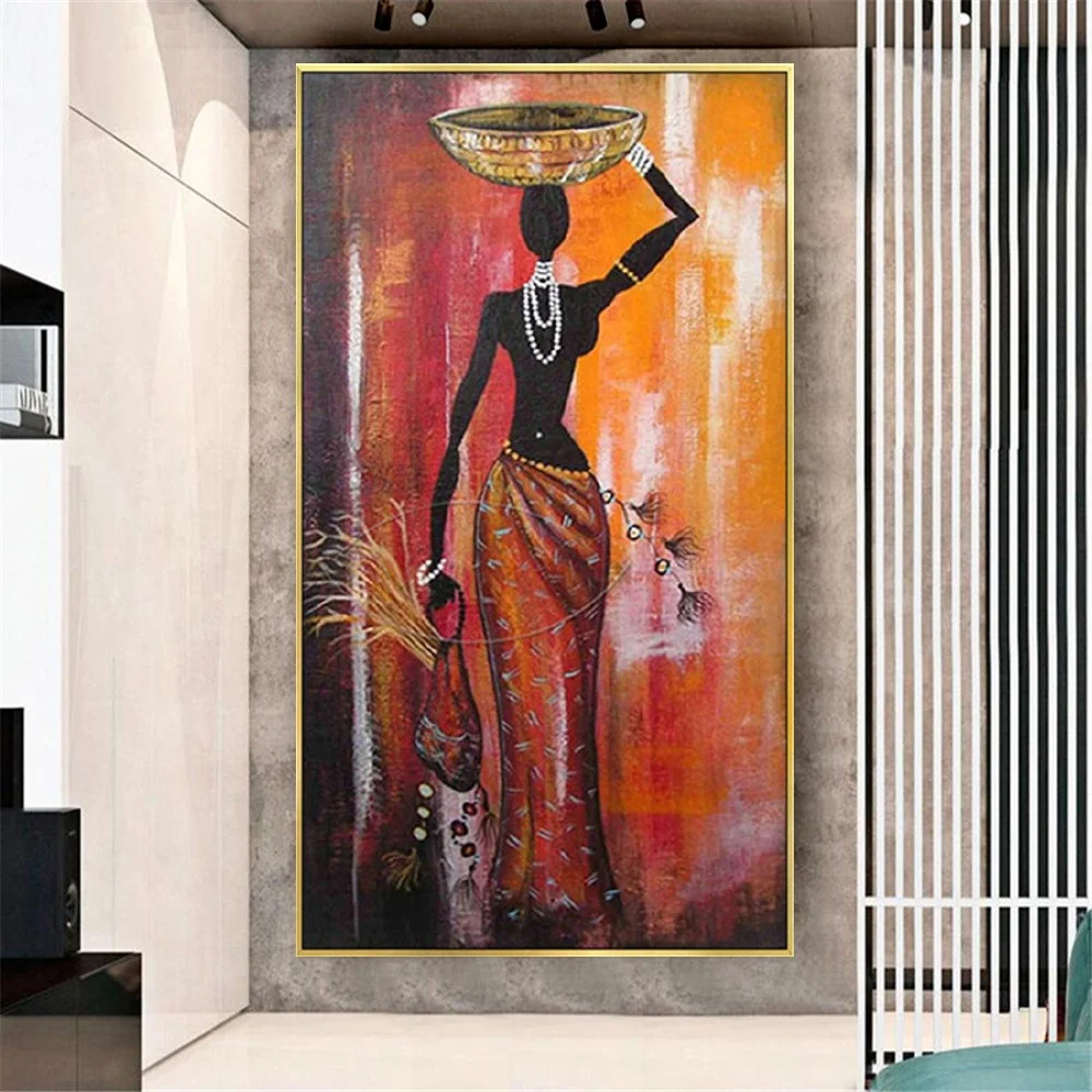 

Woman With Bowl! Large Traditional African Tribal Ma'am Oil Painting Wall Art Mural Canvas Picture For Home Living Room Decor