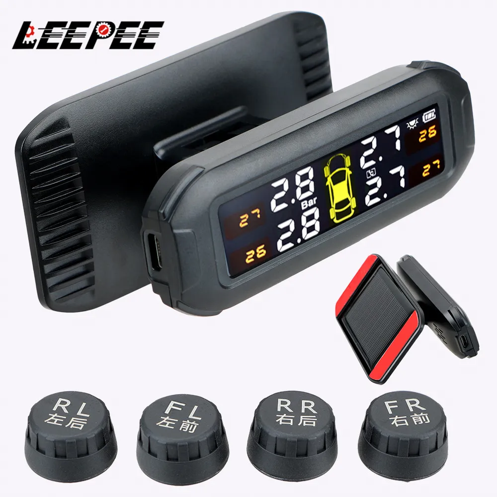 

Solar TPMS Tire Pressure Monitoring System Temperature Warning Fuel Save Car Tyre Pressure Monitor 4 External Sensors Cartronics