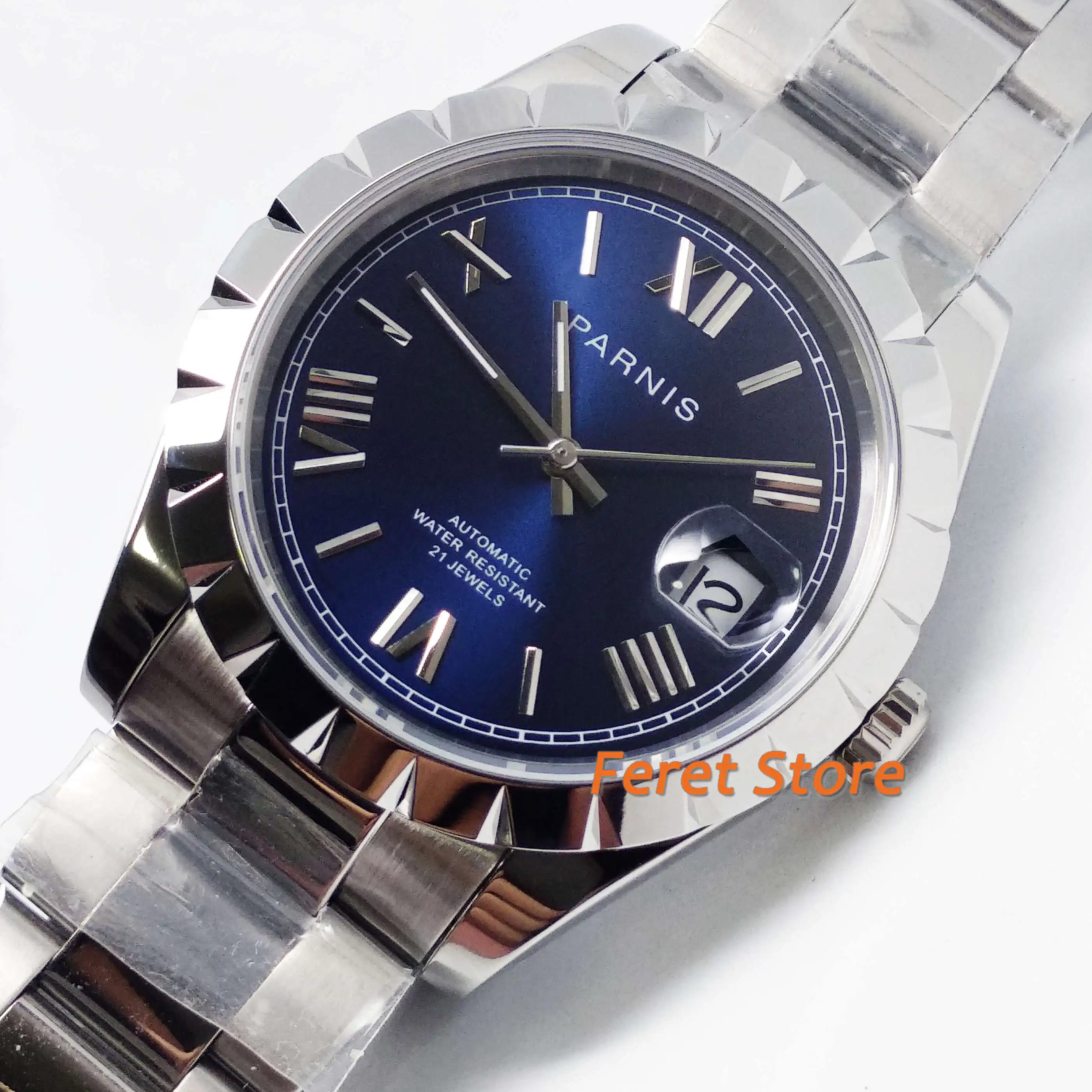 

Parnis new 39mm TOP Luxury Waterproof Watch Blue Dial Stainless Steel Case Sapphire Crystal Date Window Automatic Mens Watch