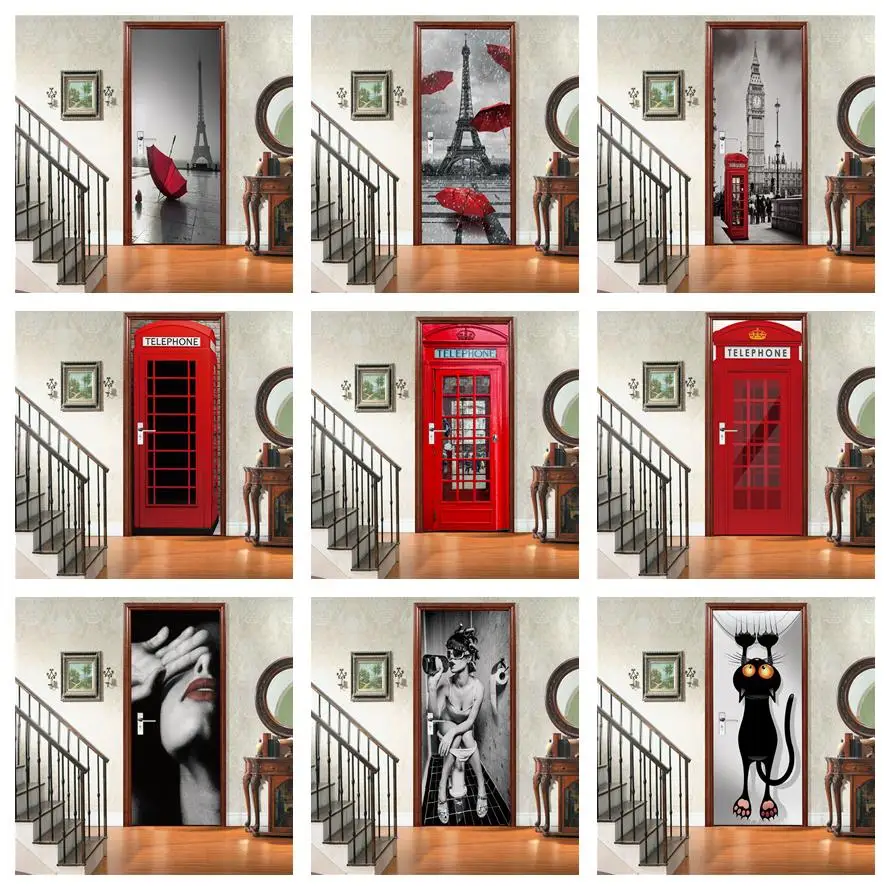 Red Phone Boot Door Stickers 3D Decal PVC Self-Adhesive Paris Creative Door Poster Home Design Wall Decor DIY Customized Service