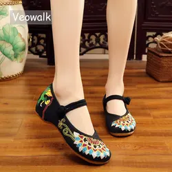Veowalk Handmade Fashion Women's Ballet Flat Shoes,Ladies Old Peking Flats With Buddhism Totem Embroidery Soft Sole Casual Shoes