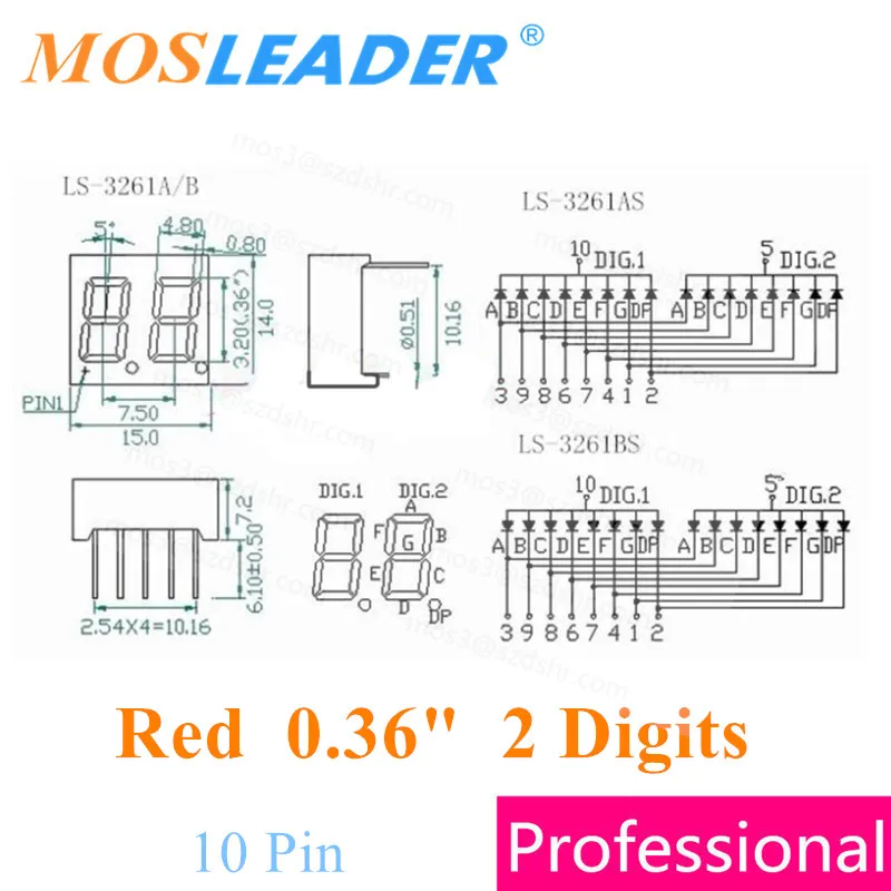 Mosleader 500pcs 0.36" 0.36 inch 2 Digits 10P Red 2 Bit Digit Digital Tube LED Display Common cathode Common anode 0.36 in.