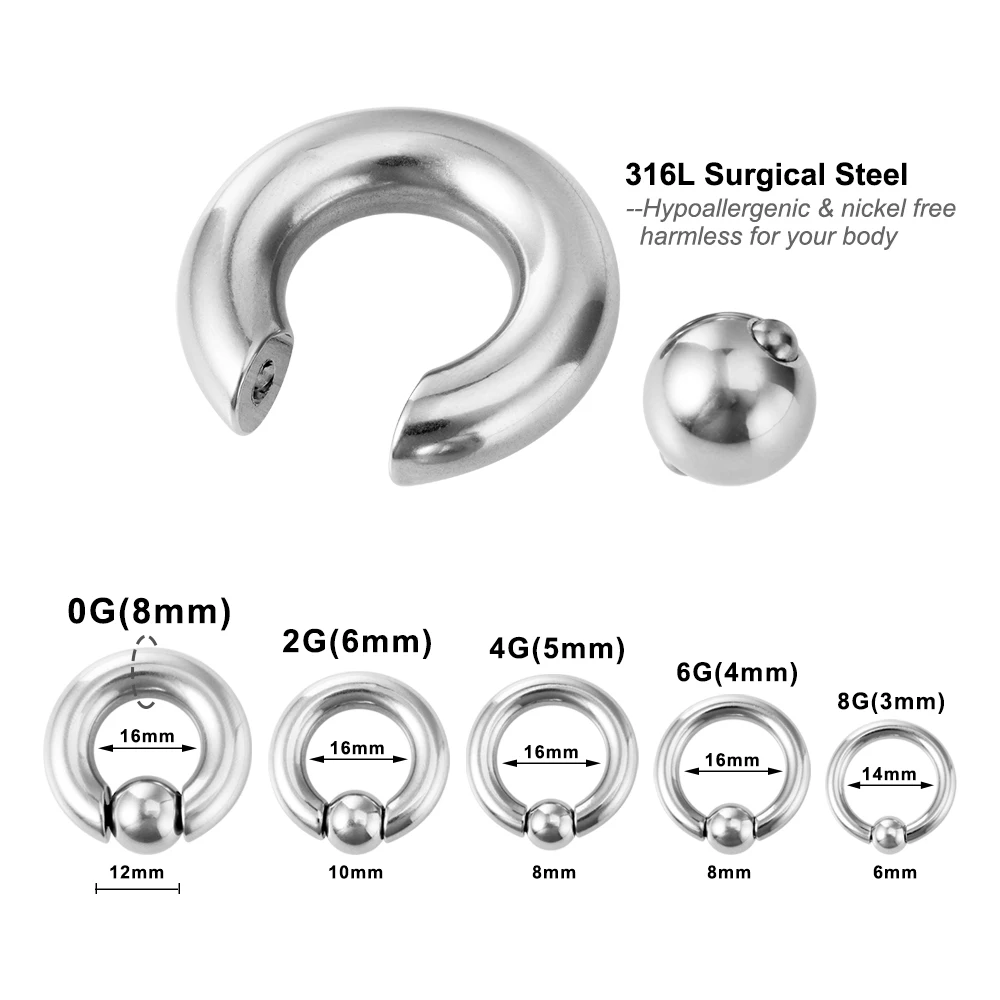 1PC 3-8mm Punk Ear Gauge BCR Ball Closure Nose Septum Ring Jewelry Surgical Steel Ear Piercing Weights Stretcher Expander Unisex