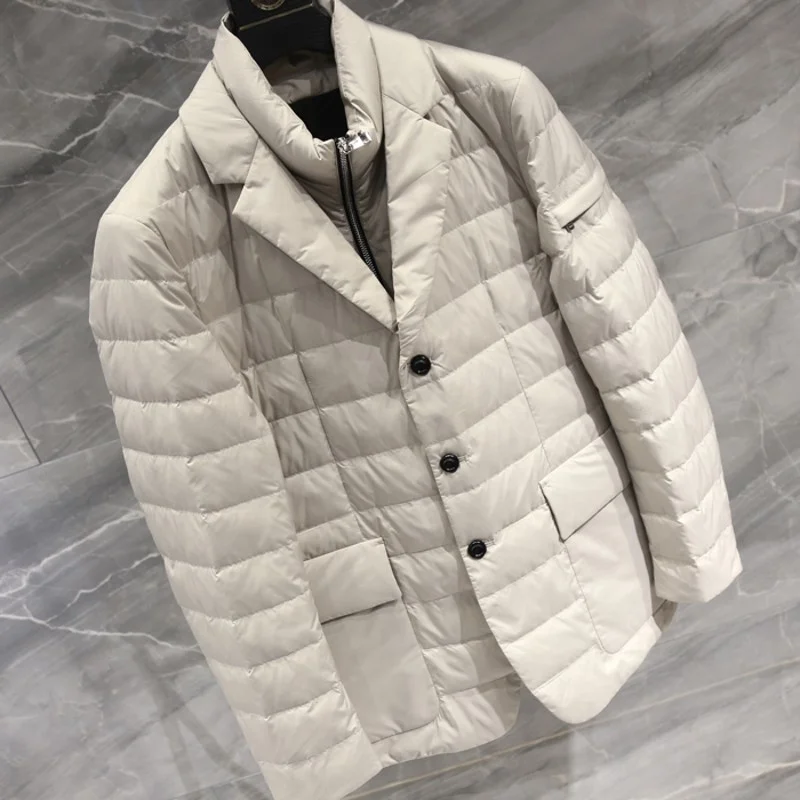 Mens Casual Slim Fake Two Double Collar Diamond Lattice White Duck Down Jacket Single Breasted Zippers Pockets Suit Coat