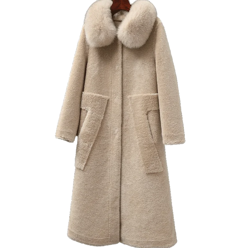 Manteau de mouton pour femme, col en fourrure de renard, coupe longue, en laine, un grain, nouvelle collection hiver 2019