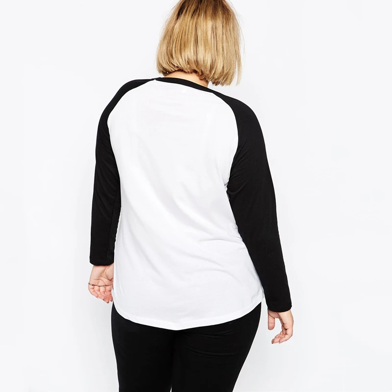 Plus Size Black And White Elegant Fashion T-shirt Long Raglan Sleeve Cotton Round Neck Spring Autumn Causal Top Blouse 6XL 7XL