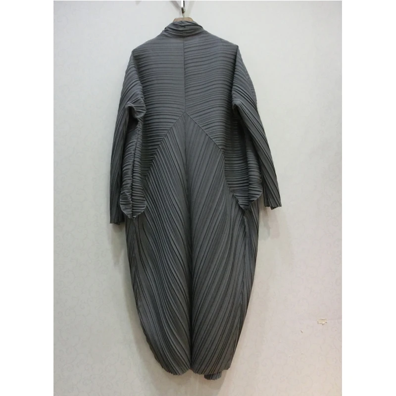 HOT SELLING miyake fold outerwear pleated solid batwing sleeve wide-waisted stand collar LOOSE outerwear IN STOCK