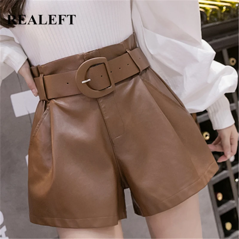 

REALEFT 2021 New Vintage PU Leather Women Shorts With Belt Autumn Winter Fashion High Waist Slim Wide Leg Ladies Black Trousers