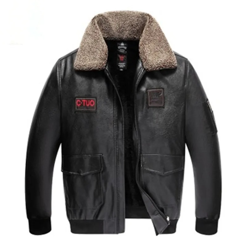 Veste en cuir PU pour hommes, manteau de fourrure de pilote de Style vélo de Moto, à la mode, mince et chaud avec col en fourrure à revers en laine