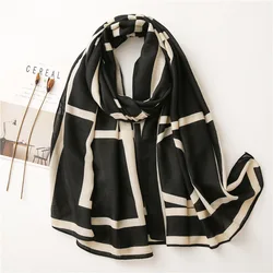 Spain Luxury Brand Black Beige Geometric Line Tassel Viscose Scarf Women Print Shawls and Wraps Pashmina Stole Muslim Hijab Caps